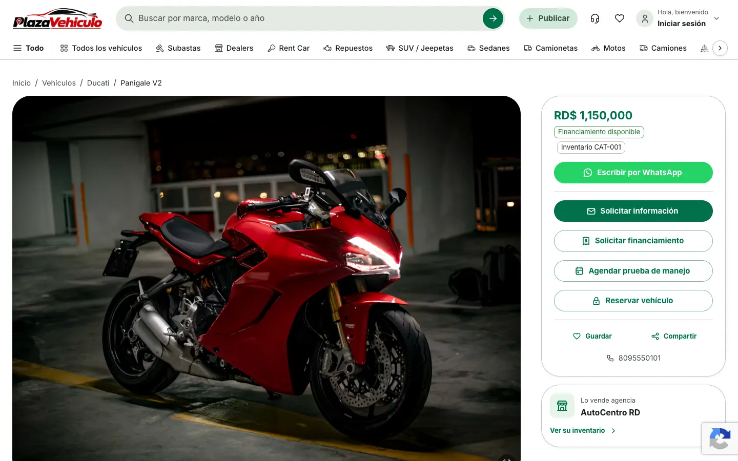 Ficha de una motocicleta con precio, botón de WhatsApp y acciones de información, financiamiento, prueba de manejo y reserva