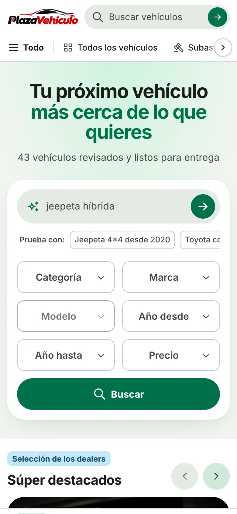 Portada de Plaza de Vehículo en celular, con el buscador y la barra de navegación inferior