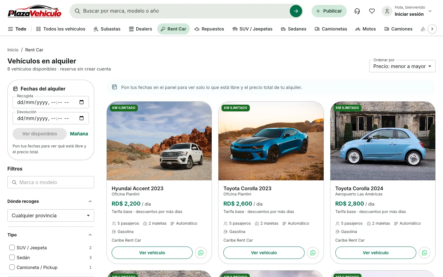 Vehículos en alquiler con fechas del alquiler, filtros y precio por día