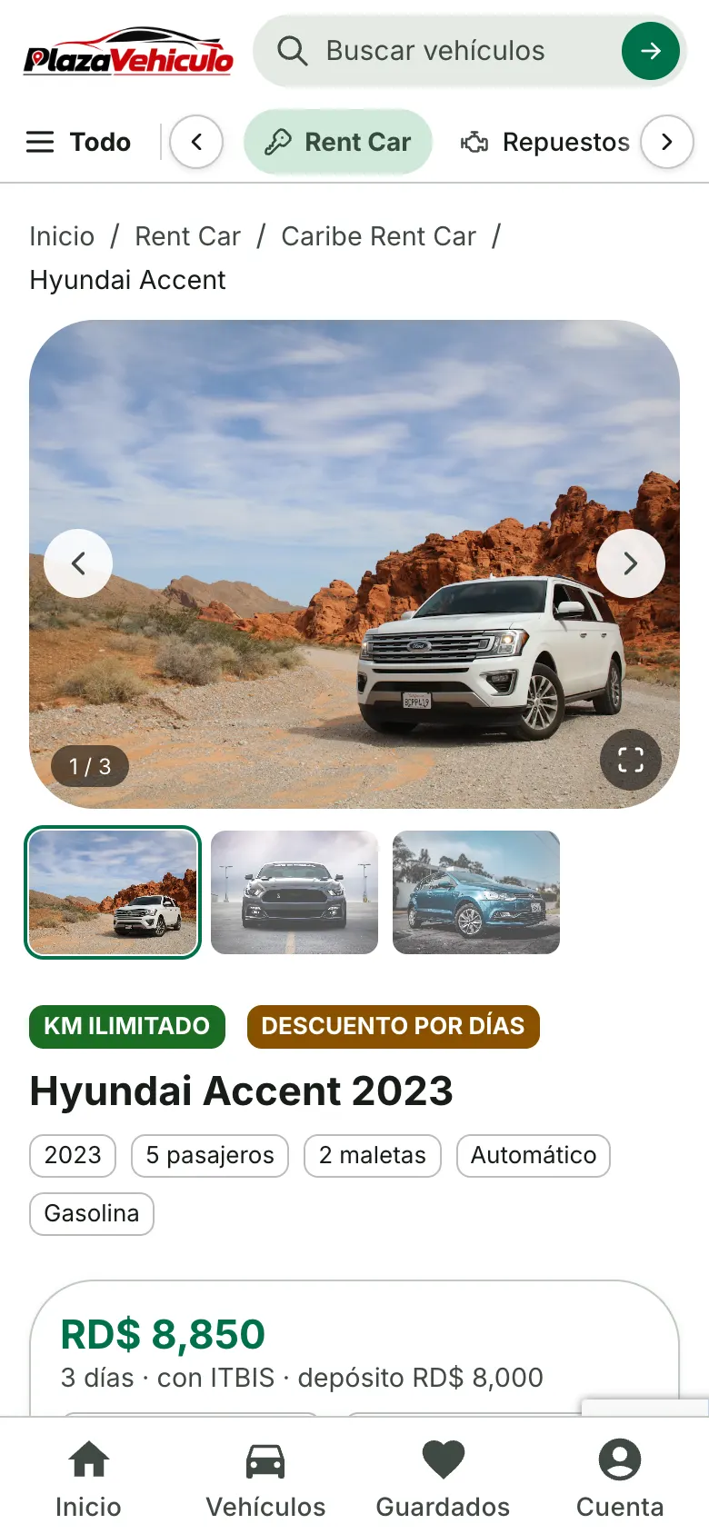 Vehículo en alquiler en celular con galería, características y precio por días