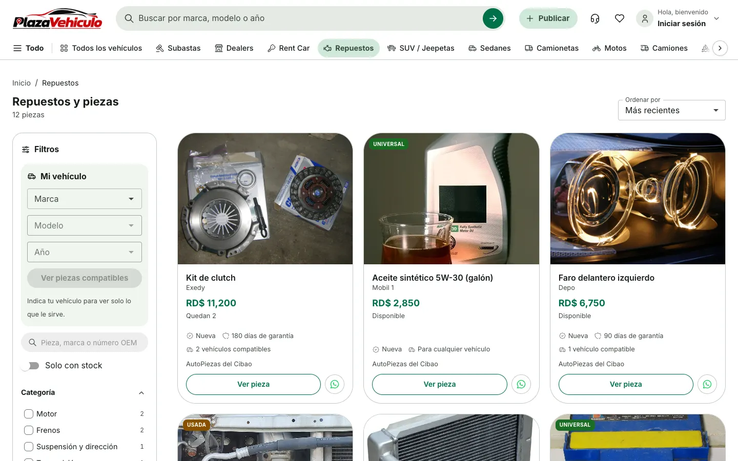 Tienda de repuestos con el filtro Mi vehículo y tarjetas de piezas con precio y disponibilidad
