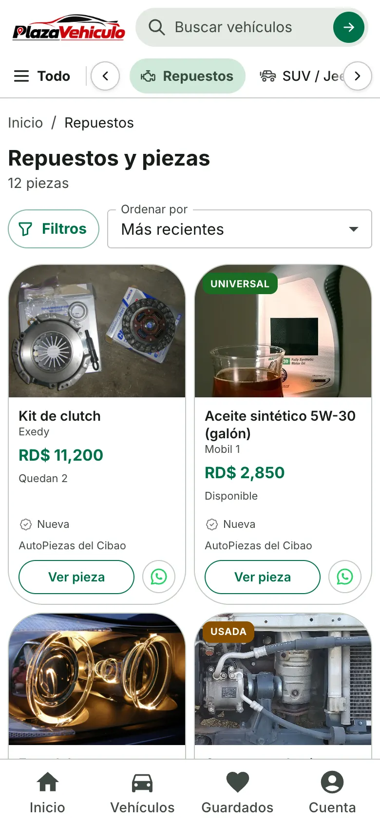 Repuestos y piezas en celular con precio y botón de WhatsApp en cada pieza