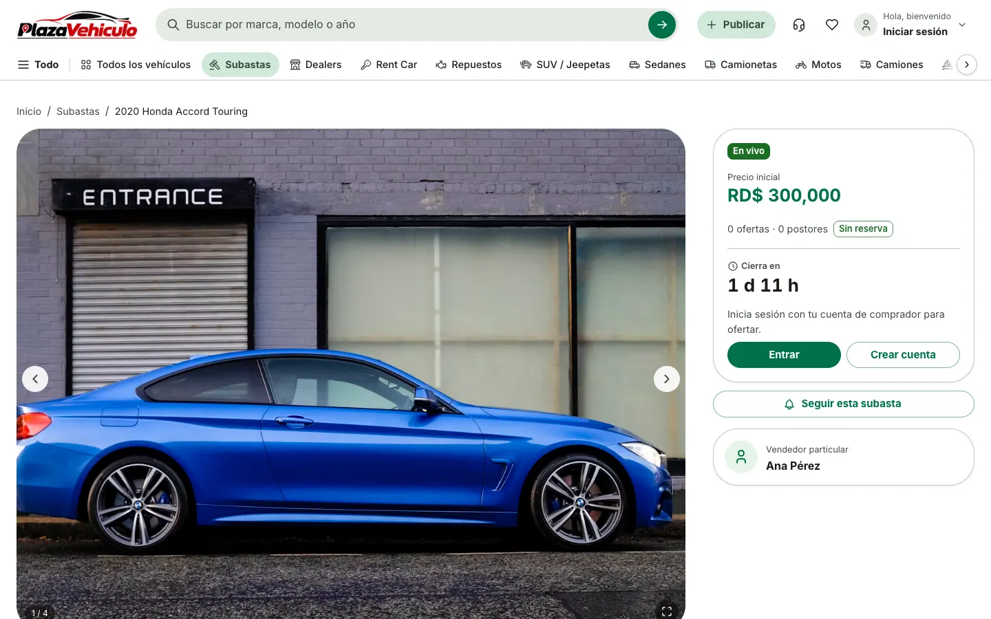 Ficha de una subasta en vivo con precio inicial, tiempo restante y botón para pujar
