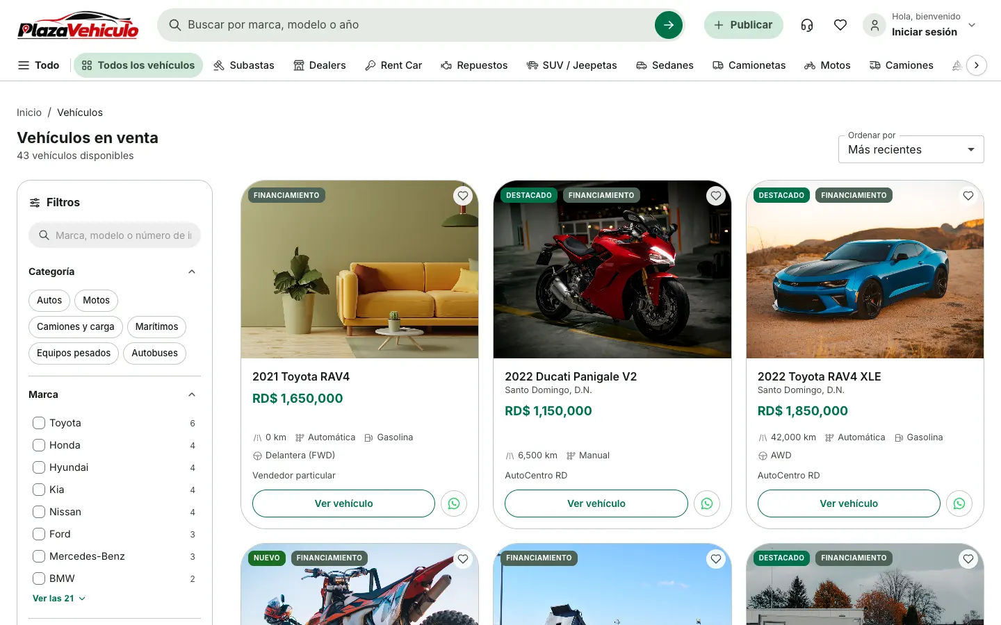 Catálogo de vehículos en venta con filtros por categoría, marca, condición, vendedor y precio