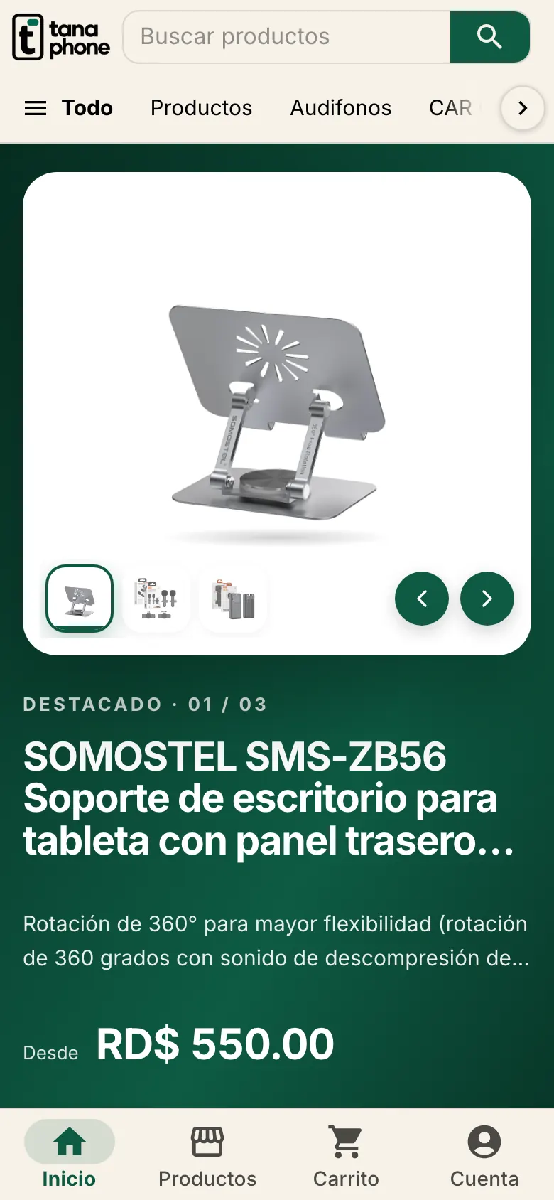 Portada de Tana Phone en celular, con navegación inferior