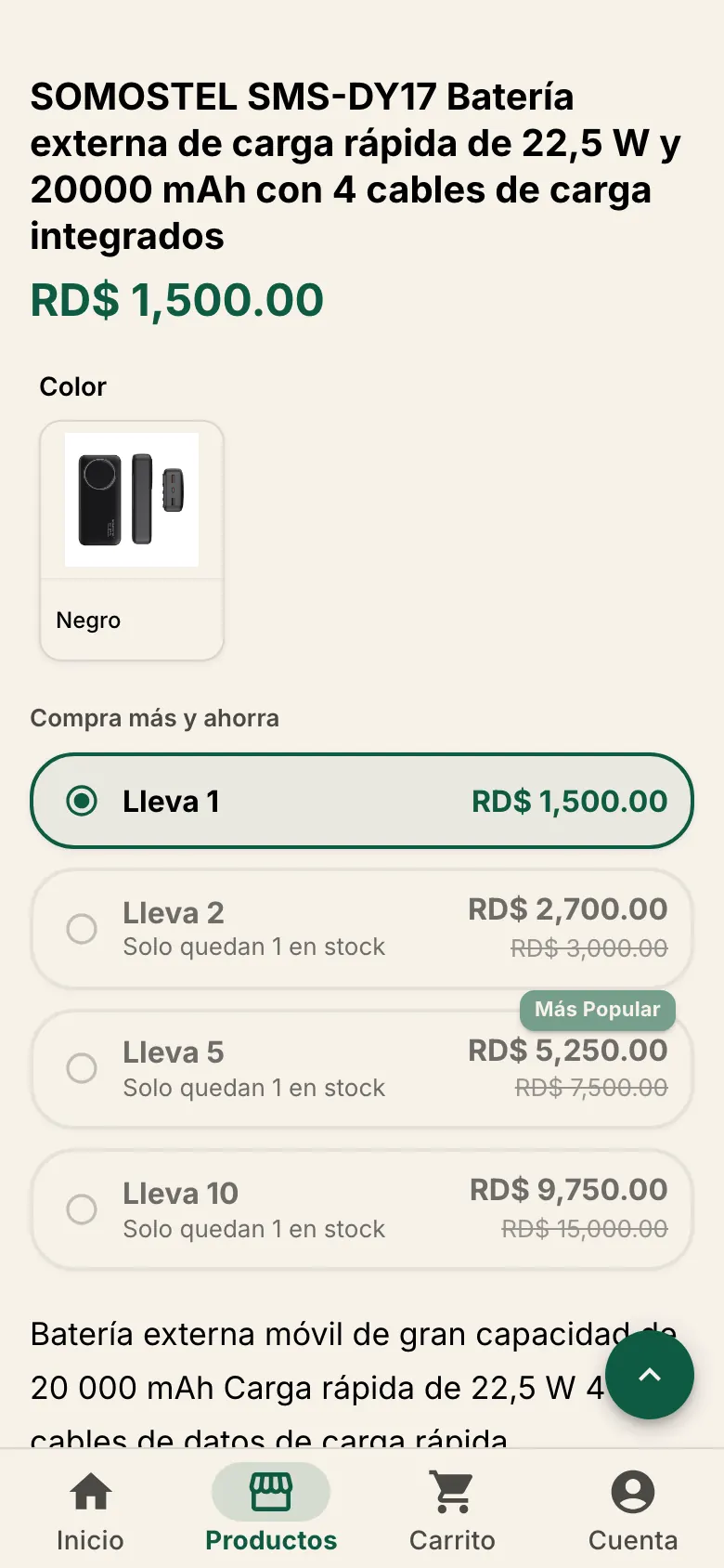 Selector de cantidad con ahorro por volumen en celular