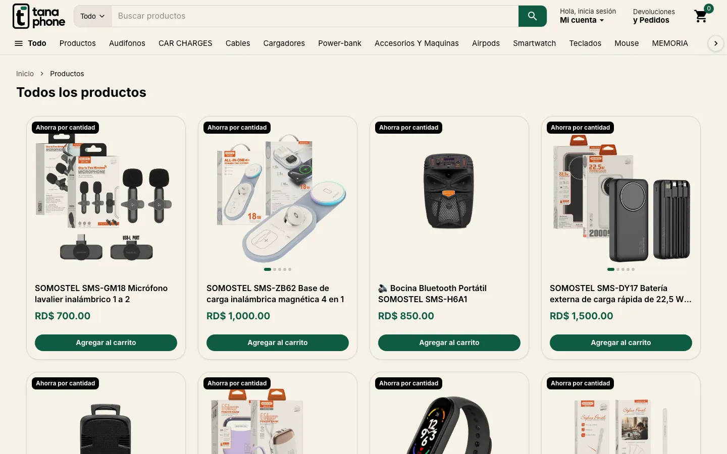 Catálogo de Tana Phone con tarjetas de producto y botón de agregar al carrito