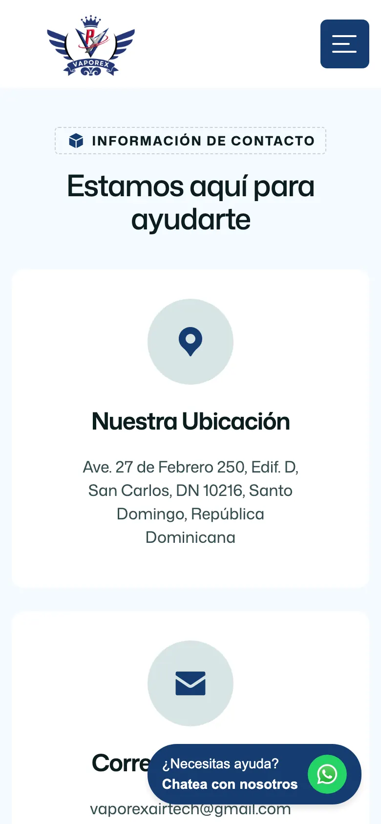 Página de contacto con dirección y correo en celular