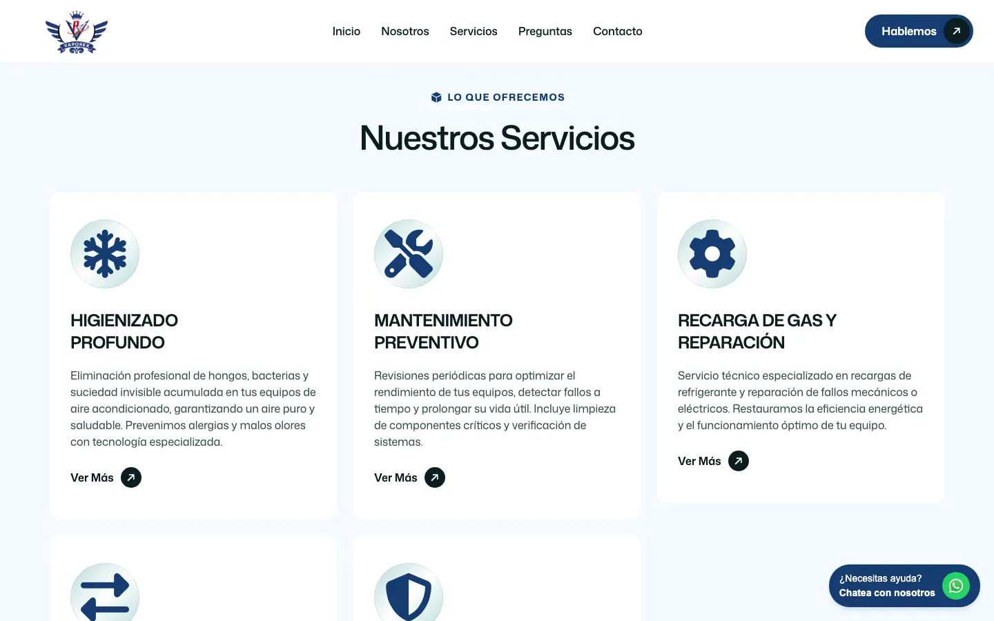 Listado de servicios de VAPOREX en tarjetas con icono