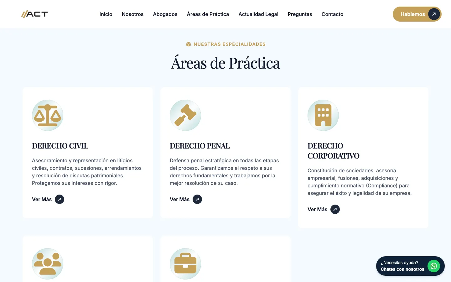 Página de áreas de práctica con tarjetas por especialidad