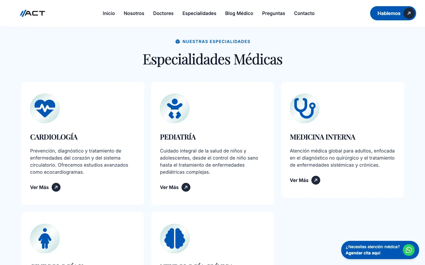 Página de especialidades médicas