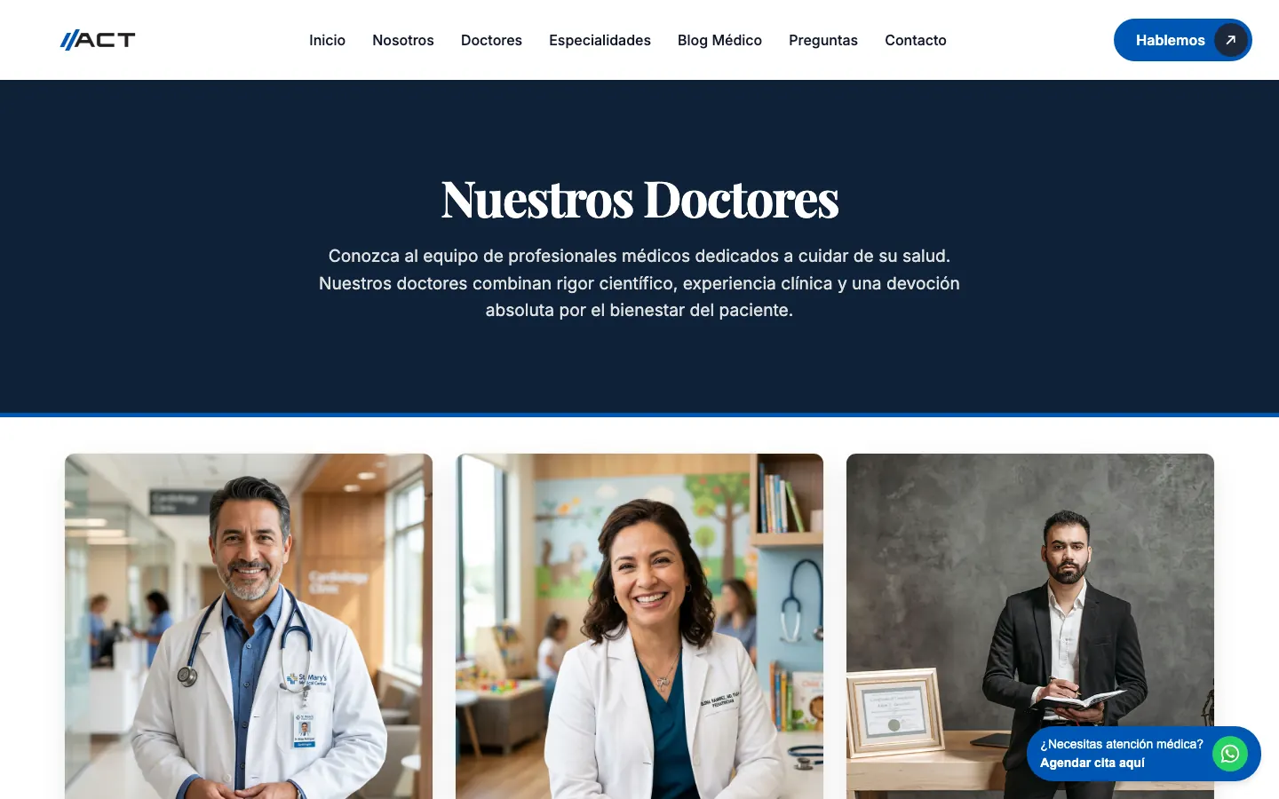 Página del equipo médico con fotos de los doctores