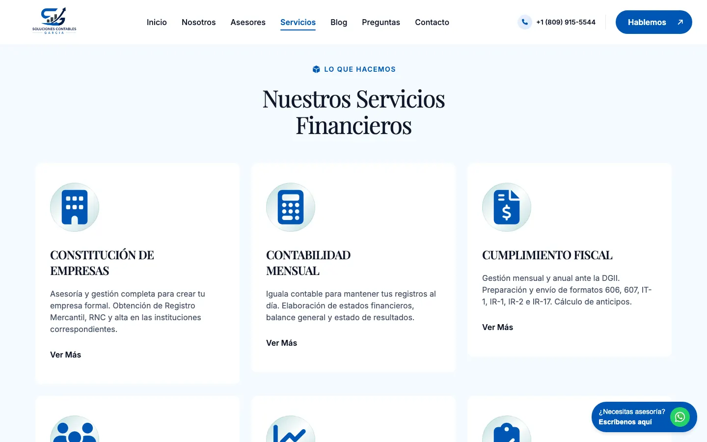 Página de servicios contables en tarjetas con icono