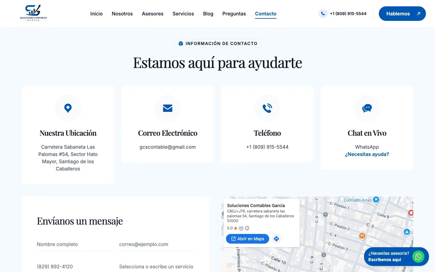Página de contacto de la firma contable