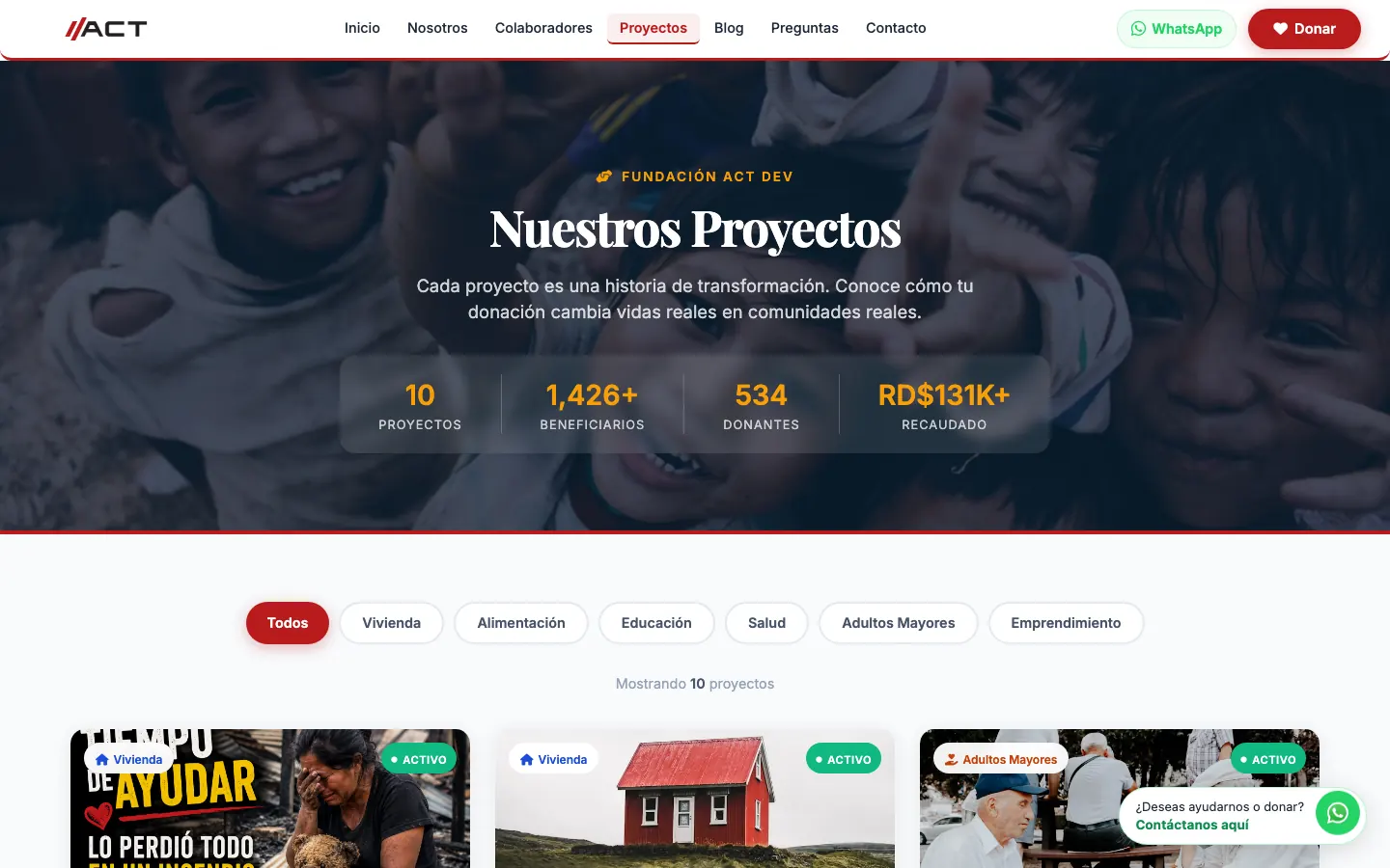 Página de proyectos con cifras de impacto y filtros por causa